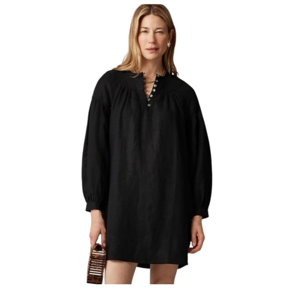 J. Crew‎ Gathered Popover Dress in linen Black Size XS NWT